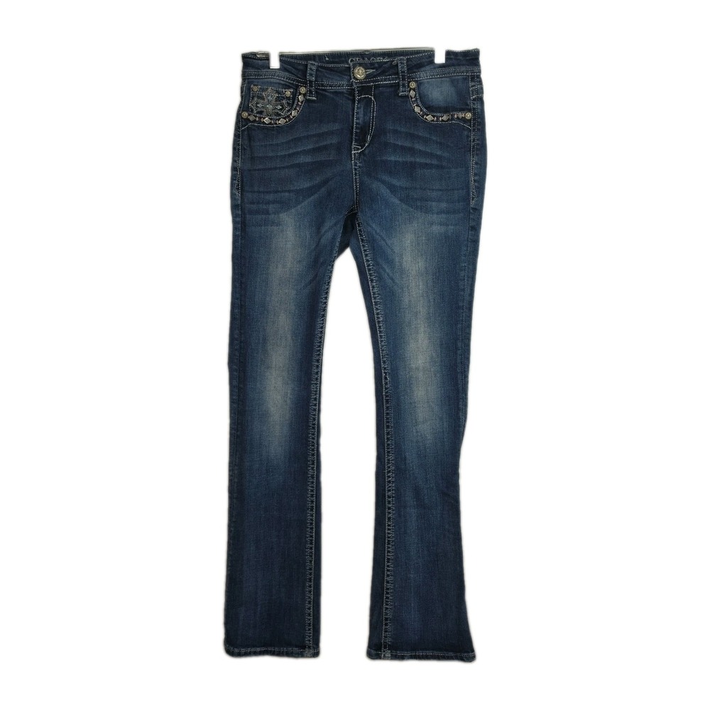 Grace in LA Easy Fit Bootcut Jeans Women's 28 Blue Embroidered Crosses Studs